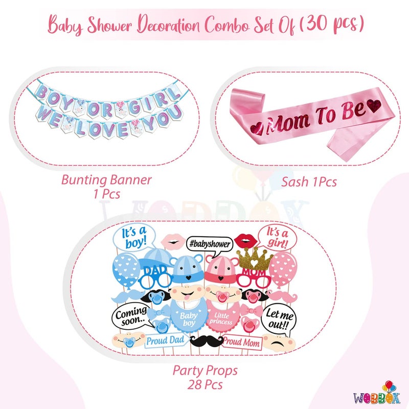 WOBBOX Baby Shower Combo of Party Props 30 Pcs & Boy Or Girl We Love You Bunting Banner, with Mom to be Light Pink Sash, Baby Shower Decoration Item (Pack of 3) - Image 2