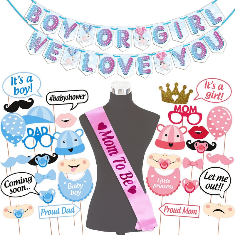 WOBBOX Baby Shower Combo of Party Props 30 Pcs & Boy Or Girl We Love You Bunting Banner, with Mom to be Light Pink Sash, Baby Shower Decoration Item (Pack of 3) - Image 1