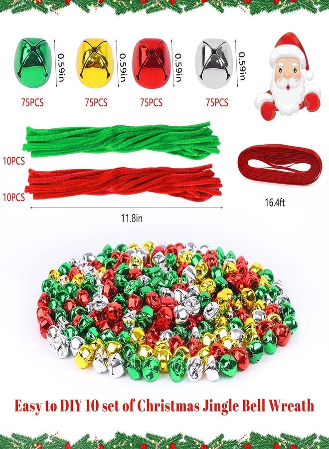 YBB 320Pcs Jingle Bell Wreath Ornaments Kit, 0.59inch Christmas Crisp Sound Bells for Craft with 20 Chenille Stems and Red Ribbon for Christmas Tree Party Decorations Kids DIY Crafts (Set of 10) - Image 2
