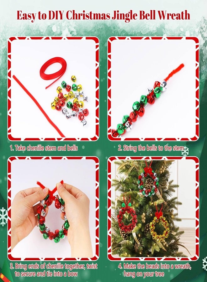 YBB 320Pcs Jingle Bell Wreath Ornaments Kit, 0.59inch Christmas Crisp Sound Bells for Craft with 20 Chenille Stems and Red Ribbon for Christmas Tree Party Decorations Kids DIY Crafts (Set of 10) - Image 3