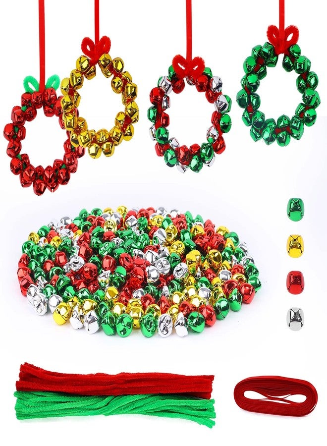 YBB 320Pcs Jingle Bell Wreath Ornaments Kit, 0.59inch Christmas Crisp Sound Bells for Craft with 20 Chenille Stems and Red Ribbon for Christmas Tree Party Decorations Kids DIY Crafts (Set of 10) - Image 1
