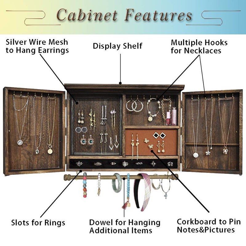 GLANT Wooden Barn Door Jewelry Organizer, Rustic Wall Mount Jewelry Storage for Necklaces, Earrings, Bracelets, Ring Holder