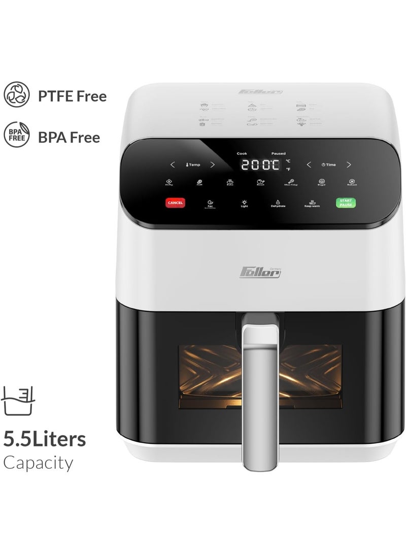 Feller Germany Air Fryer 1600 W, Large 5.5L Cap., Xcyclone-Tech, 4x Non-Stick Ceramic Coating,10 Cooking Functions, Touch Panel, Cool-Touch+Interior Lightning, AFR550 (White) - Image 2
