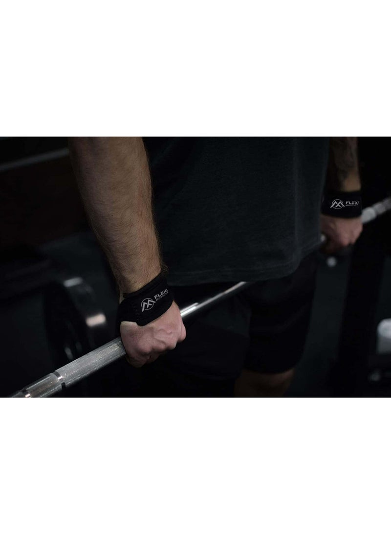 FLEXI MUSCLES أحزمة رفع العضلات المرنة - أحزمة معصم لدعم الوزن الأقصى لرفع الأثقال للرفعات الميتة، السحب والرفع الثقيل - مصنوعة من النيوبرين القابل للتوسيع والقطن للراحة. مثالية للرجال والنساء - Image 2