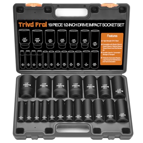 Trivd Frol SAE Impact Socket Set - 1/2" Drive, 19pc Deep Socket Set 3/8" to 1-1/2", Cr-V Steel, Double Lock Case - Image 1