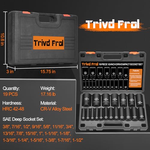 Trivd Frol SAE Impact Socket Set - 1/2" Drive, 19pc Deep Socket Set 3/8" to 1-1/2", Cr-V Steel, Double Lock Case - Image 5