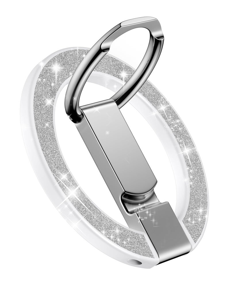 AILKIN Magnetic Phone Stand with Ring Holder for iPhone 17e, MagSafe Finger Ring Magnet Grip, Adjustable Kickstand Loop for Phone Case, iPhone 17 Pro Stand Grip, Samsung Holder Kickstand-Silver Bling - Image 1