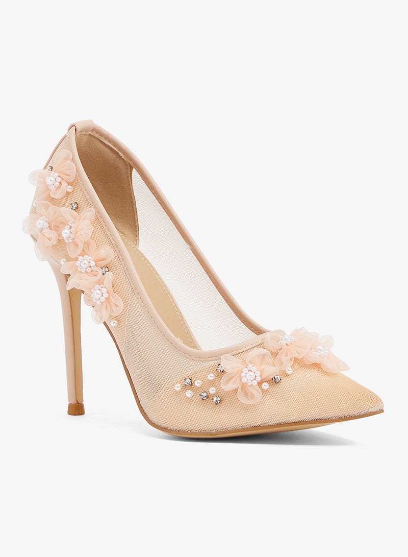 Ella Limited Edition Blush mesh pump with floral applique and pearls, pointed toe, stiletto heel - Image 2