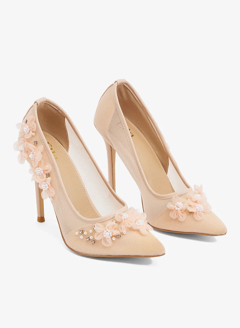 Ella Limited Edition Beige Blush mesh pump with floral applique and pearls, pointed toe, stiletto heel for Women | Best Price UAE