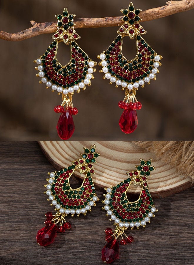 Indian Ethnic Jhumka Earrings for Women, Gold Plated Red Long Chandbali Earrings with Pearl & Stone, Traditional Wedding Diwali Fancy Chunky Ladies Earrings - Image 1