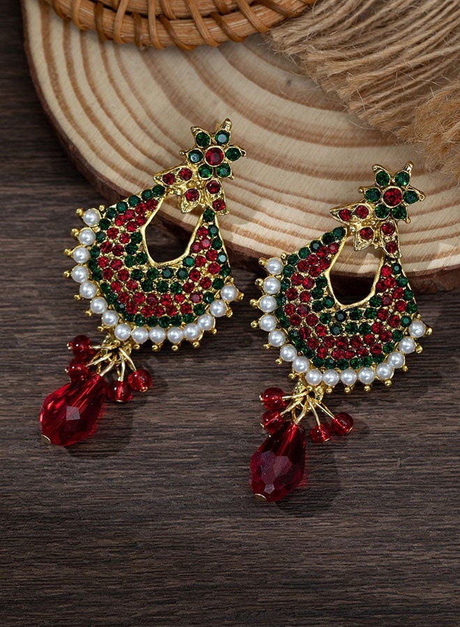 Indian Ethnic Jhumka Earrings for Women, Gold Plated Red Long Chandbali Earrings with Pearl & Stone, Traditional Wedding Diwali Fancy Chunky Ladies Earrings - Image 3
