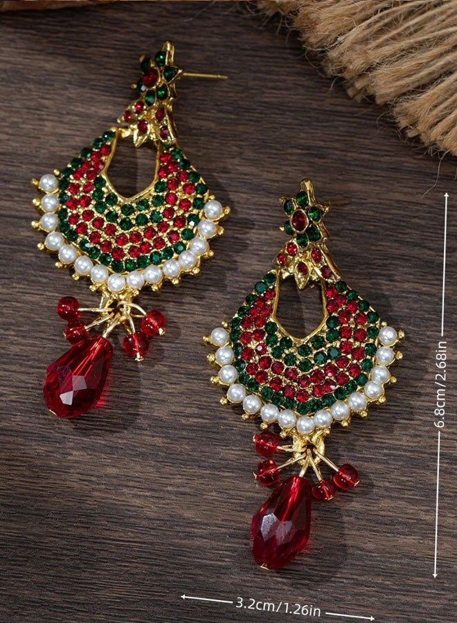 Indian Ethnic Jhumka Earrings for Women, Gold Plated Red Long Chandbali Earrings with Pearl & Stone, Traditional Wedding Diwali Fancy Chunky Ladies Earrings - Image 4
