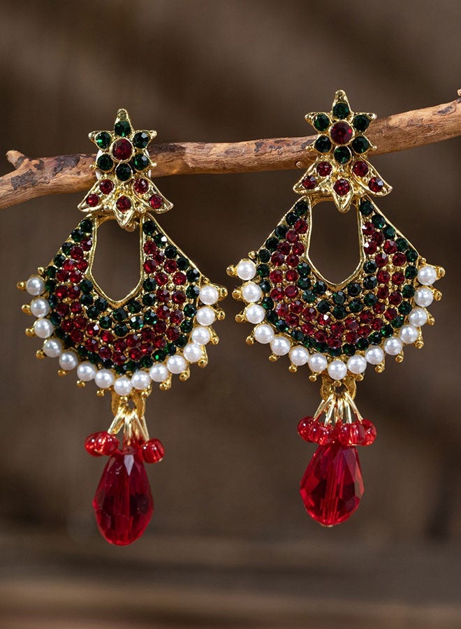 Indian Ethnic Jhumka Earrings for Women, Gold Plated Red Long Chandbali Earrings with Pearl & Stone, Traditional Wedding Diwali Fancy Chunky Ladies Earrings - Image 2
