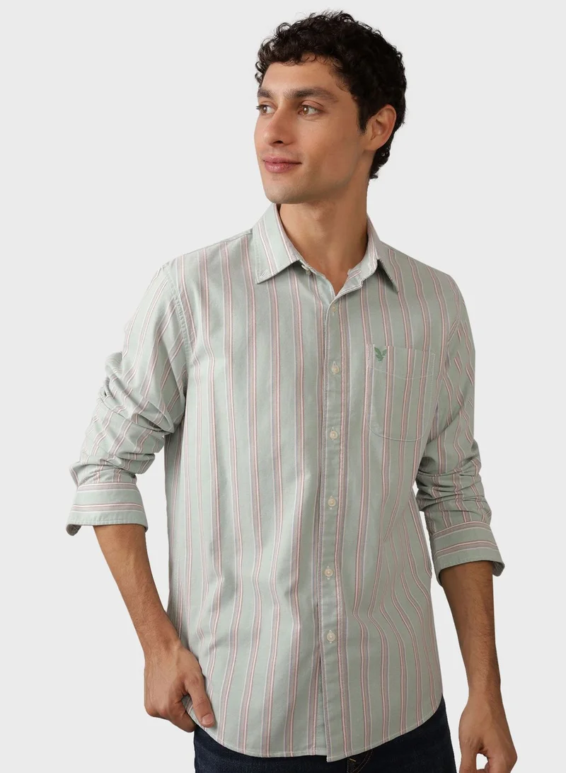 American Eagle Embroidered Logo Stripe Slim Fit Shirt