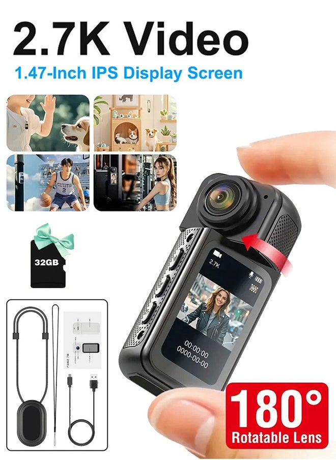 Generic 2025 New 180° Rotating Screen Thumb Camera, 2.7K Mini WiFi Sports Camera HD Camera, with 1.47IPS Screen Outdoor Magnetic Camera, with 32GB Memory Card, Suitable for VLOG, Travel, Cycling Life Recording Mini Camera  - Image 1