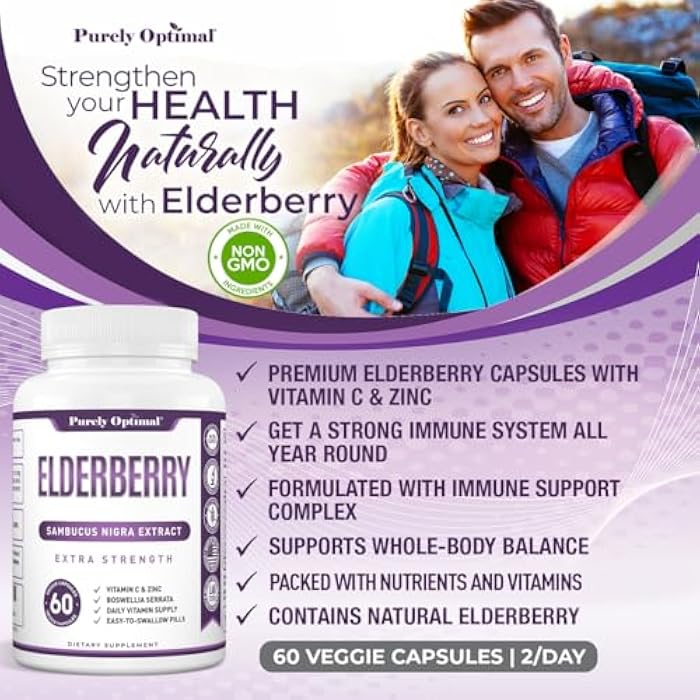Purely Optimal Elderberry Capsules - Premium Quality Sambucus Nigra Extract Supplement - Naturally Sourced, Immune Function Support - Non-GMO, Gluten Free, Vegan Friendly - 60 Capsules - Image 4