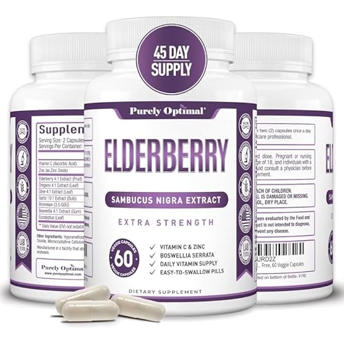 Purely Optimal Elderberry Capsules - Premium Quality Sambucus Nigra Extract Supplement - Naturally Sourced, Immune Function Support - Non-GMO, Gluten Free, Vegan Friendly - 60 Capsules - Image 1