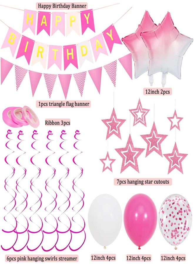 Douvelue Pink Birthday Decorations, Happy Birthday Banner and Pink Star Balloons, Glitter Hanging Stars with Hanging Swirls, Birthday Bunting Banner, for Women Girls Birthday Party Decoration - Image 2