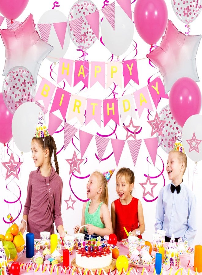 Douvelue Pink Birthday Decorations, Happy Birthday Banner and Pink Star Balloons, Glitter Hanging Stars with Hanging Swirls, Birthday Bunting Banner, for Women Girls Birthday Party Decoration - Image 3