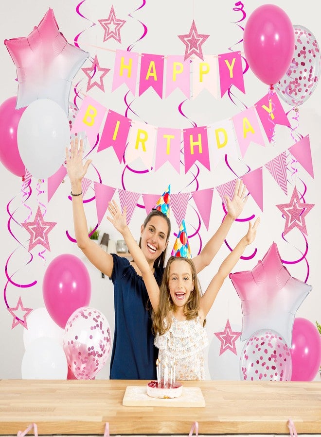 Douvelue Pink Birthday Decorations, Happy Birthday Banner and Pink Star Balloons, Glitter Hanging Stars with Hanging Swirls, Birthday Bunting Banner, for Women Girls Birthday Party Decoration - Image 4