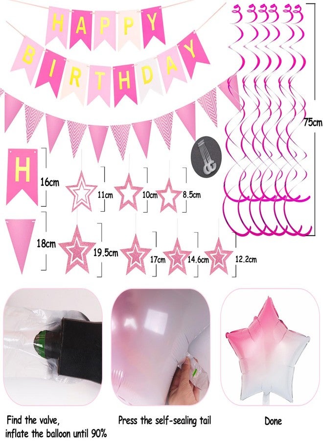 Douvelue Pink Birthday Decorations, Happy Birthday Banner and Pink Star Balloons, Glitter Hanging Stars with Hanging Swirls, Birthday Bunting Banner, for Women Girls Birthday Party Decoration - Image 5