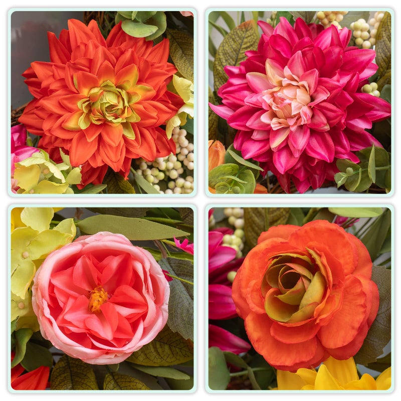wreathqueen Wreaths for Front Door 24 Inch,Artificial Summer Spring Door Wreath with Dahlia Rose and Peony,Large Outdoor and Indoor Green Wreath for Farmhouse Home Porch Wall Door Decor - Image 3