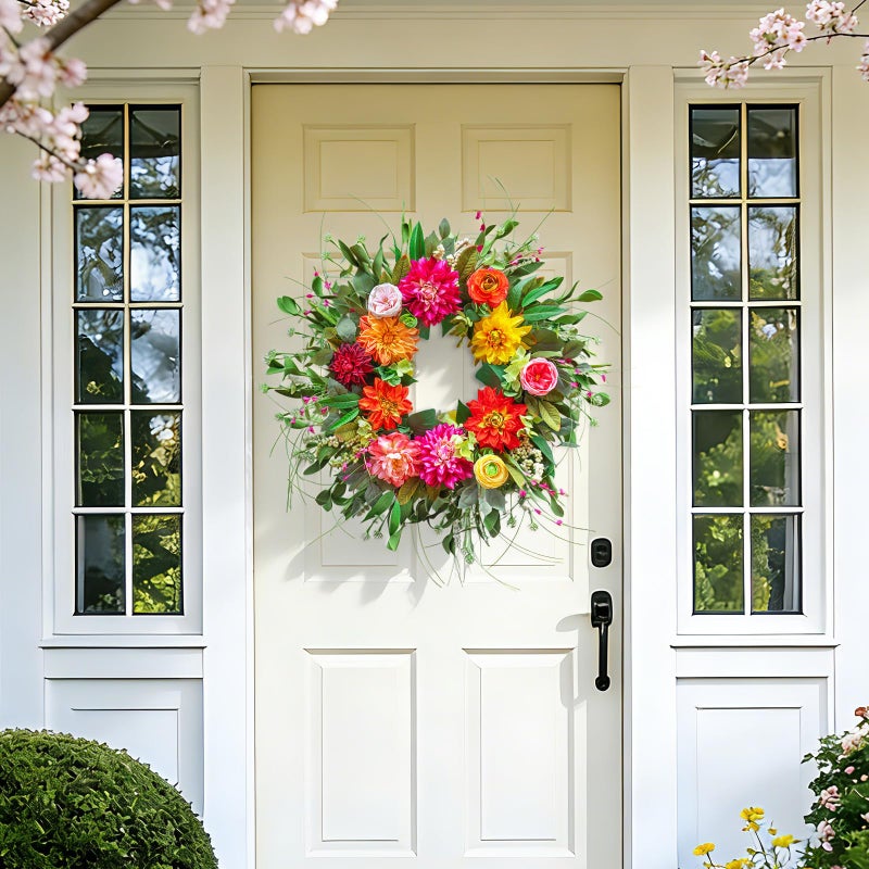 wreathqueen Wreaths for Front Door 24 Inch,Artificial Summer Spring Door Wreath with Dahlia Rose and Peony,Large Outdoor and Indoor Green Wreath for Farmhouse Home Porch Wall Door Decor - Image 5