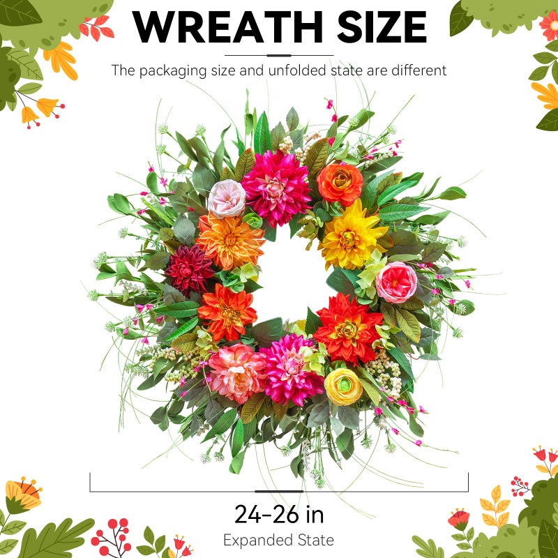 wreathqueen Wreaths for Front Door 24 Inch,Artificial Summer Spring Door Wreath with Dahlia Rose and Peony,Large Outdoor and Indoor Green Wreath for Farmhouse Home Porch Wall Door Decor - Image 2