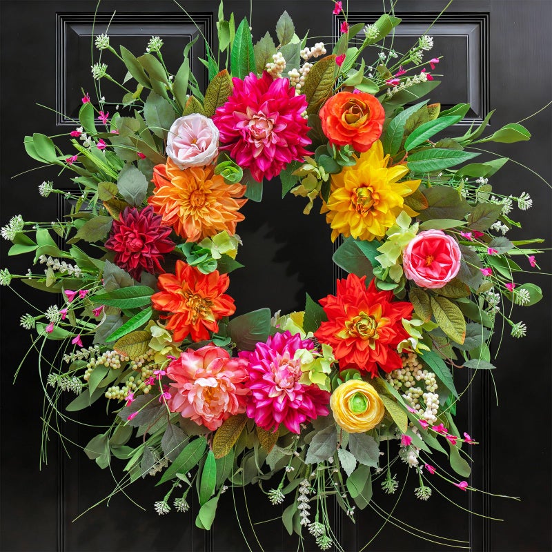 wreathqueen Wreaths for Front Door 24 Inch,Artificial Summer Spring Door Wreath with Dahlia Rose and Peony,Large Outdoor and Indoor Green Wreath for Farmhouse Home Porch Wall Door Decor - Image 1