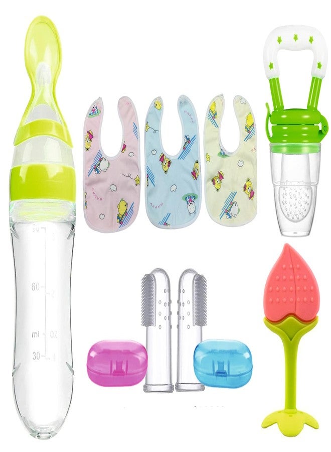 ROFORUF 8-Piece Baby Feeding & Oral Care Set | Silicone Spoon Bottle 90ml, Fruit Feeder, Fruit Teether, Finger Tooth Brush (2pcs) & Waterproof Silicone Bibs (3pcs) | BPA-Free Newborn Kit (Combo of 8) (Green) - Image 1
