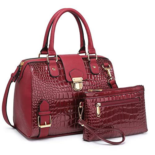Dasein Women Barrel Handbags Fashion Satchel Bags Top Handle Shoulder Purses Vegan Leather Work Tote (Crocodile Burgundy) - Image 1