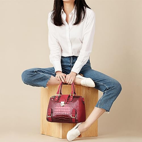 Dasein Women Barrel Handbags Fashion Satchel Bags Top Handle Shoulder Purses Vegan Leather Work Tote (Crocodile Burgundy) - Image 2