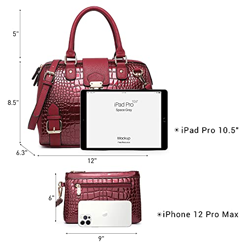 Dasein Women Barrel Handbags Fashion Satchel Bags Top Handle Shoulder Purses Vegan Leather Work Tote (Crocodile Burgundy) - Image 4