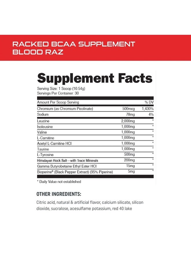 Bucked Up BCAA RACKED™ أحماض أمينية متفرعة السلسلة | L-Carnitine، Acetyl L-Carnitine، GBB | استعادة بعد التمرين، تخليق البروتين، BCAAs للعضلات النحيفة التي يمكنك الشعور بها! 30 حصة (Blood Raz) - Image 2