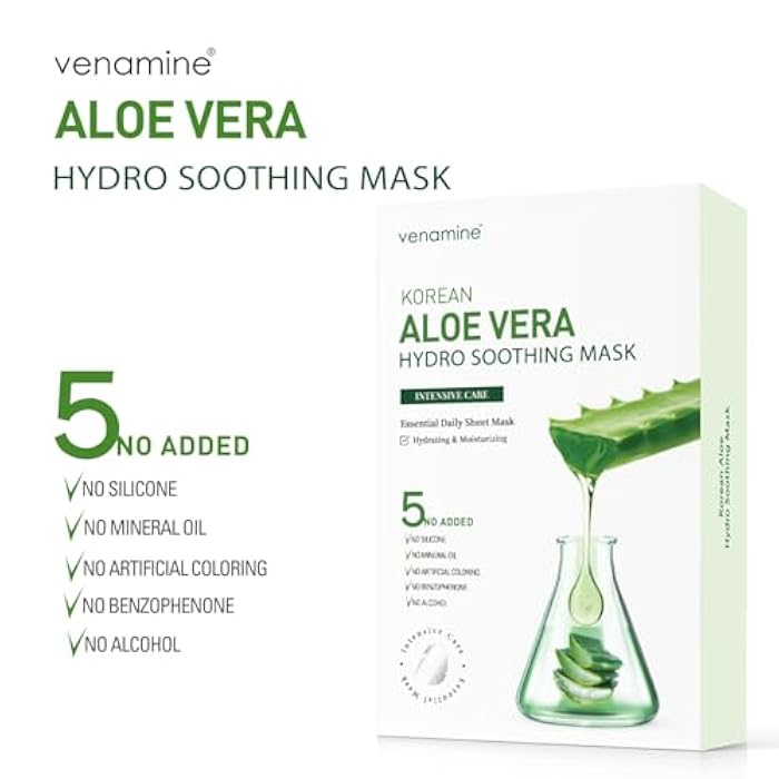 VENAMINE Korean Aloe Vera Hydro Soothing Face Masks, Moisturizing Sheet Mask for Sensitive Skin, 0.81 fl. oz (10 sheet) - Image 2