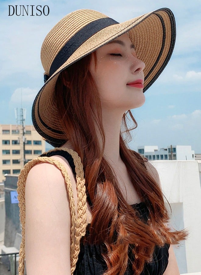 DUNISO Women's Foldable Sun Straw Hat Big Bowknot Summer Wide Brim Roll Up Beach Cap Summer Solid Travel Beach Cap UV Protection UPF50+ for Vacation Outdoor Activities - Image 4