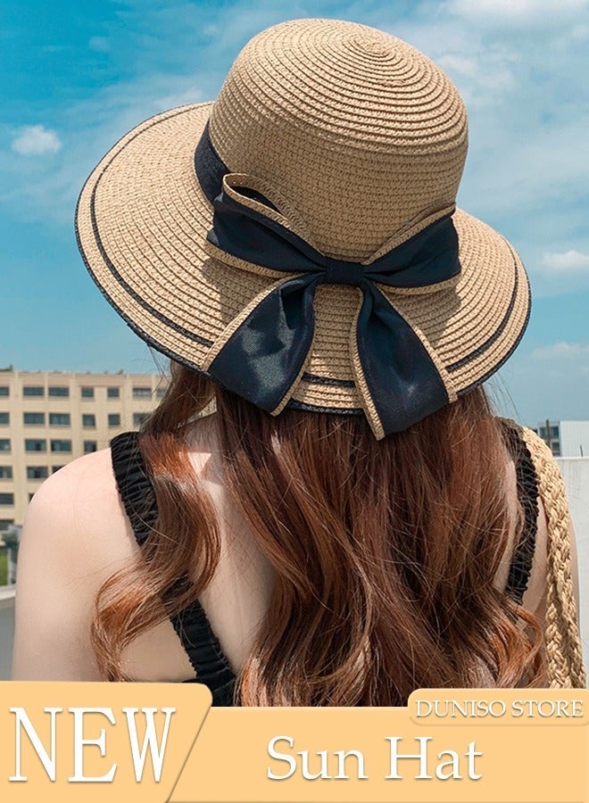 DUNISO Women's Foldable Sun Straw Hat Big Bowknot Summer Wide Brim Roll Up Beach Cap Summer Solid Travel Beach Cap UV Protection UPF50+ for Vacation Outdoor Activities - Image 1