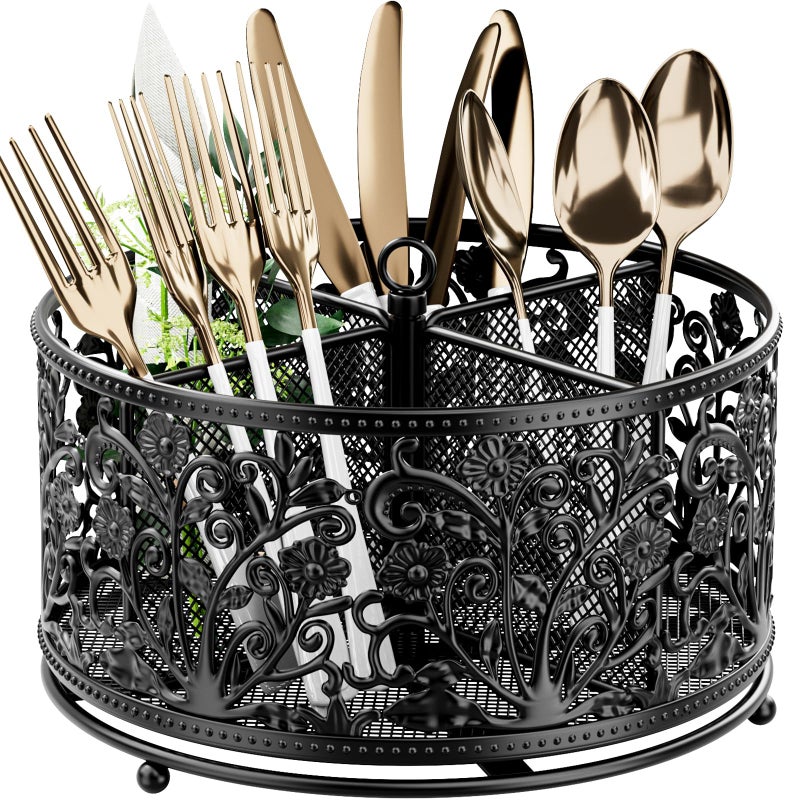 YIUKEA 360 Rotating Utensil Caddy Silverware Cutlery Caddy Holder with 4 Compartment Metal Flatware Organizer Countertop with Handle for Party Camping Picnic Kitchen Counter Office Black