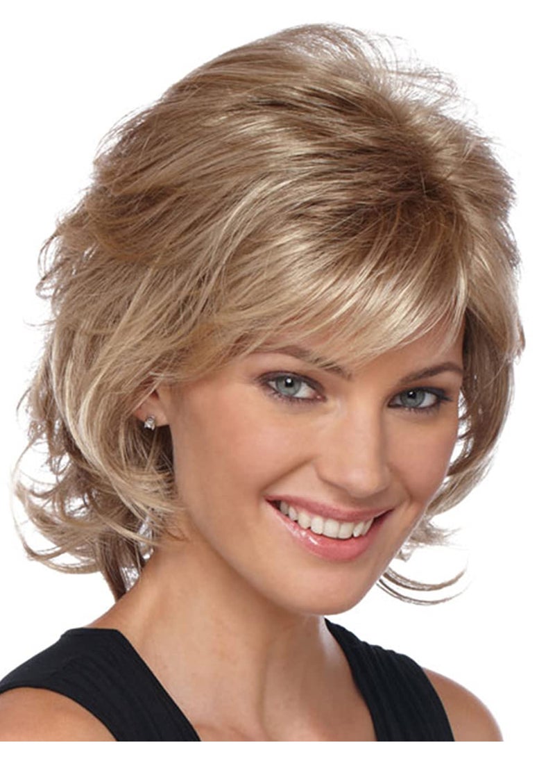 RENERSHOW - RENERSHOW Short Brown Curly Wigs for Women Mixed Brown Highlight Wavy Synthetic Wig with Bangs Rose Blonde Short Hair Wig - Image 1