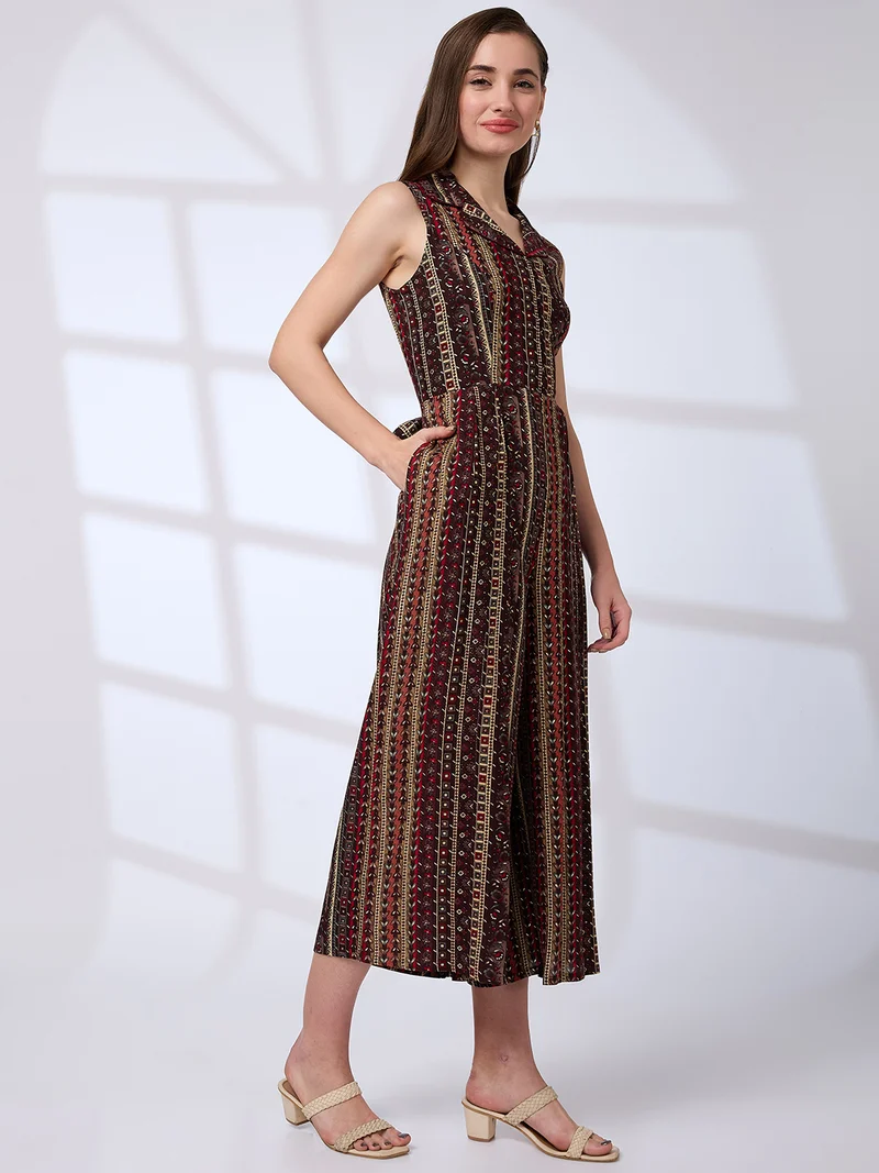 جلو باص Women Lapel Collar Floral Printed Waist Tie-Ups Fusion Jumpsuit