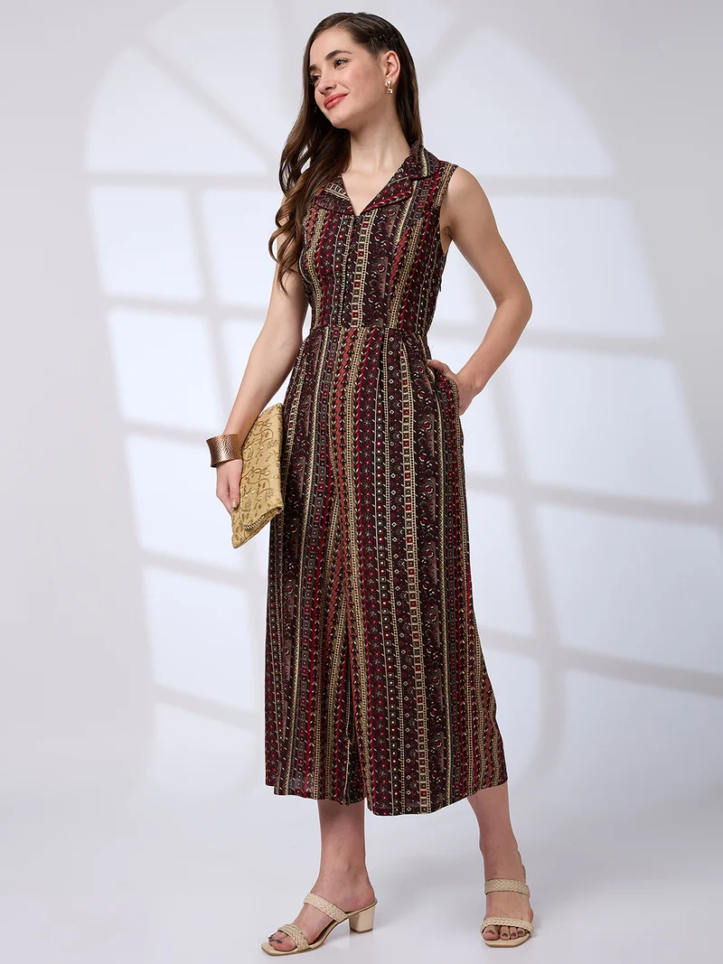 جلو باص Women Lapel Collar Floral Printed Waist Tie-Ups Fusion Jumpsuit