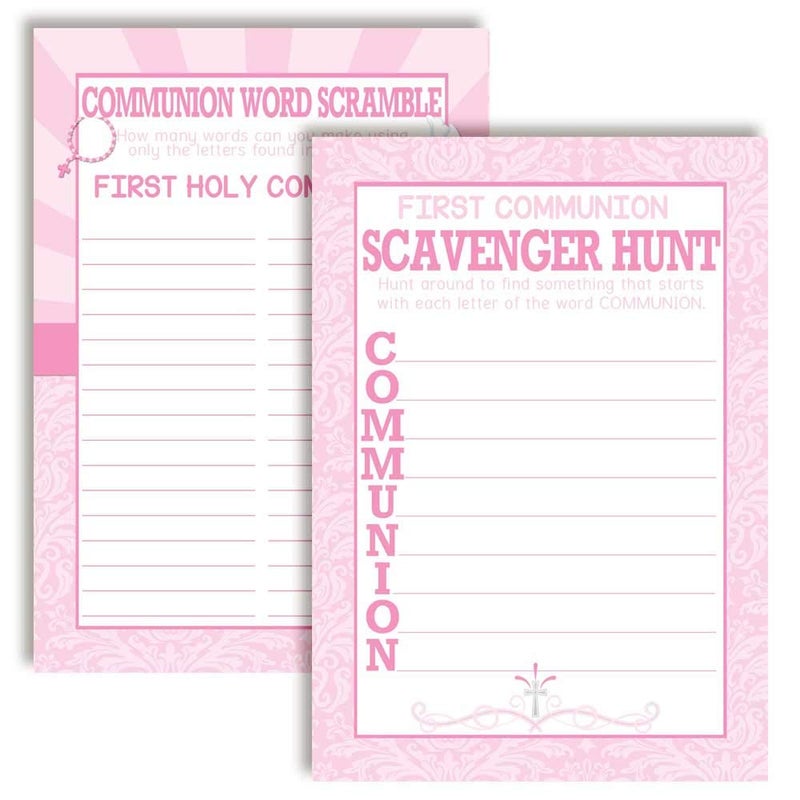 First Holy Communion Religious Scavenger Hunt Word Scramble Fill In Game Cards for Girls Ten 5 x 7 Fill In The Blank Cards by AmandaCreation
