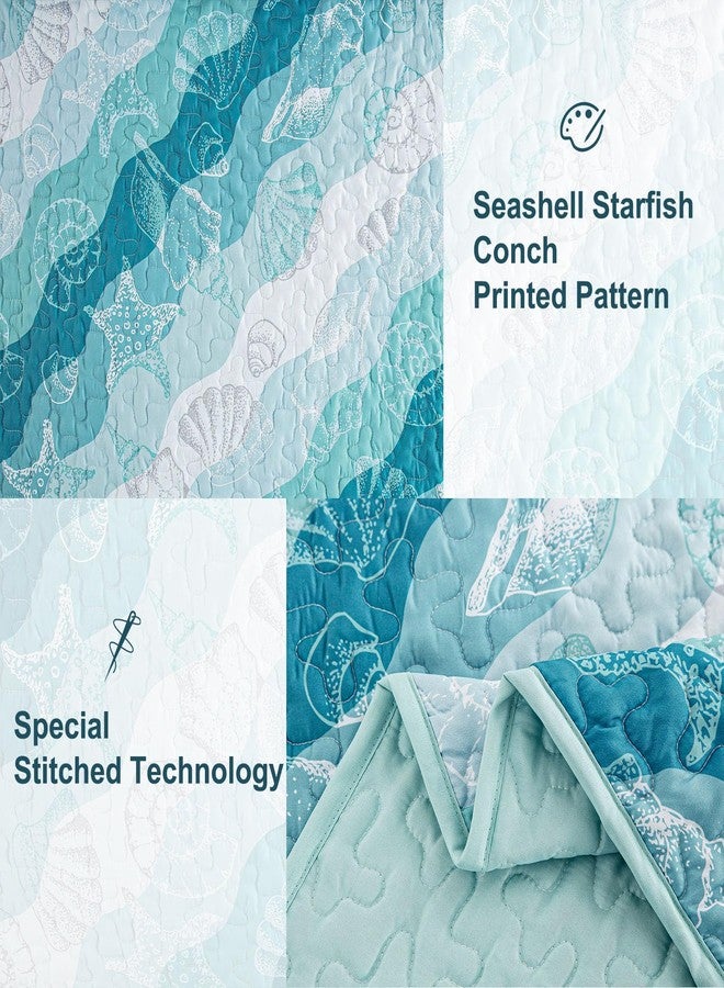 Dinjoy Summer Coastal Quilt Set Queen Size, Blue Green Ocean Beach Themed Bedding Set Seawave Seashell Conch Starfish Microfiber Lightweight Bedspread Coverlet Bed Set All Season (96x90 Inch) - Image 5
