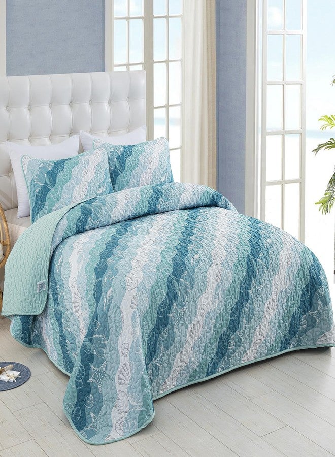 Dinjoy Summer Coastal Quilt Set Queen Size, Blue Green Ocean Beach Themed Bedding Set Seawave Seashell Conch Starfish Microfiber Lightweight Bedspread Coverlet Bed Set All Season (96x90 Inch) - Image 2