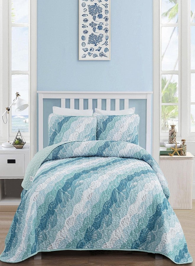 Dinjoy Summer Coastal Quilt Set Queen Size, Blue Green Ocean Beach Themed Bedding Set Seawave Seashell Conch Starfish Microfiber Lightweight Bedspread Coverlet Bed Set All Season (96x90 Inch) - Image 1