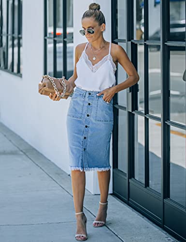 luvamia Women's Casual Mid Rise Button Down Frayed Raw Hem Stretchy Denim Midi Skirt Jean Skirt Light Blue Size Medium - Image 4