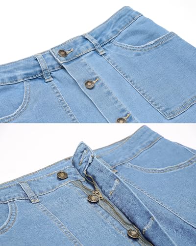 luvamia Women's Casual Mid Rise Button Down Frayed Raw Hem Stretchy Denim Midi Skirt Jean Skirt Light Blue Size Medium - Image 3