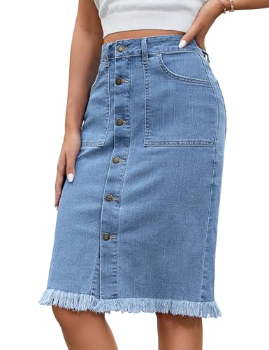 luvamia Women's Casual Mid Rise Button Down Frayed Raw Hem Stretchy Denim Midi Skirt Jean Skirt Light Blue Size Medium - Image 1