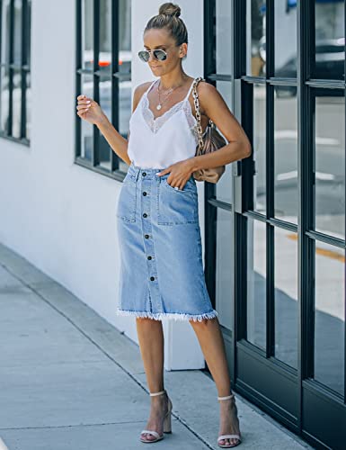 luvamia Women's Casual Mid Rise Button Down Frayed Raw Hem Stretchy Denim Midi Skirt Jean Skirt Light Blue Size Medium - Image 5
