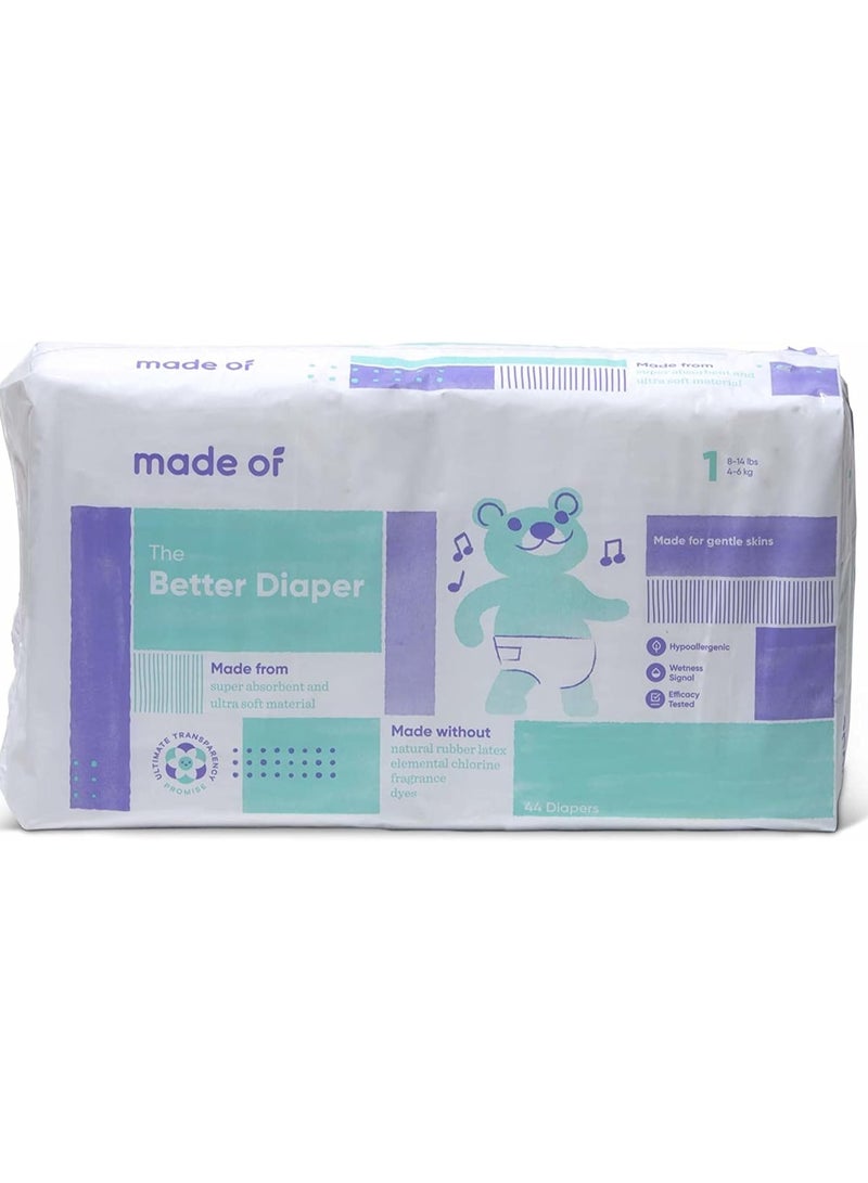 MADE OF Baby Diapers Size 1-10 Hour Absorbent Diapers, Diapers Sensitive Skin, Hypoallergenic Diapers, Unscented Diapers, Pediatrician and Dermatologist Tested - 8-14 pounds (44 Count)